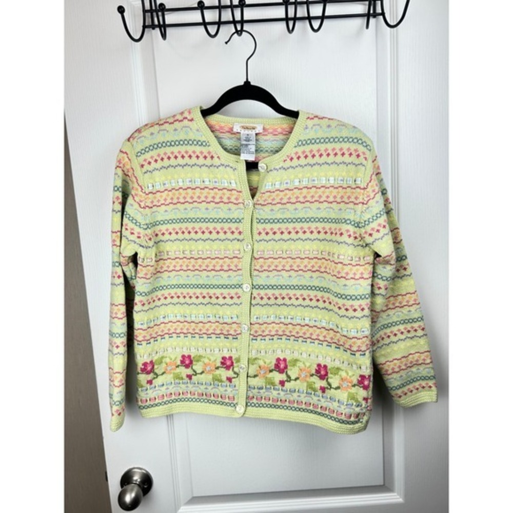 Talbots Petites Green Fair Isle Floral Cotton Cardigan Sweater Medium‎ PM
